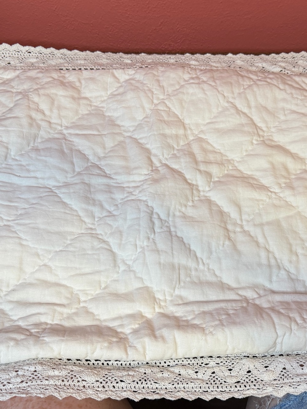 Simply Shabby Chic White Quilted Sham with Crocheted lace trim